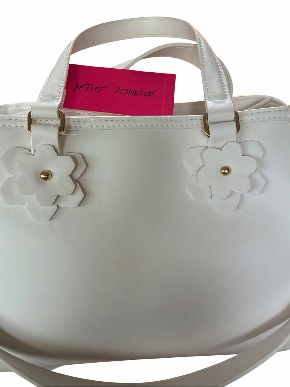 Betsy Johnson White Pink Multi 3-D Applique Floral Butterfly Charm Satchel Bag - Picture 4 of 9